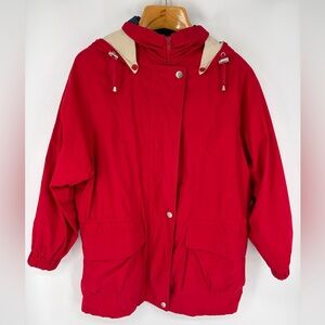 London Fog Women's Jacket Coat Size Large Removable Hood Red Pockets Blue